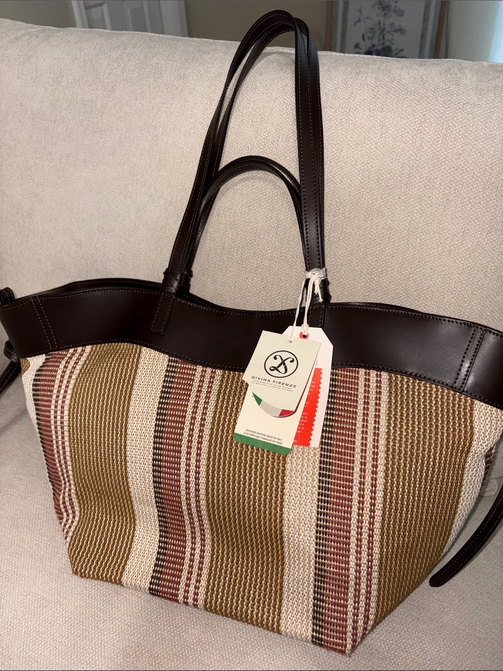 Divine Firenze Woven Stripe Tote Bag with Dark Brown Trim